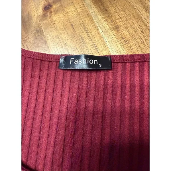 Ribbed Tie Front Midi Dress Burgundy Size Small - Image 4