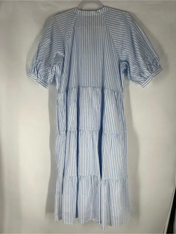 English Factory Blue White Striped Tiered Puff Sleeve Midi Dress L - Image 8
