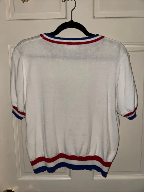 QUEEN OF SPARKLES White Short Sleeve Sweater with Red, Blue & Silver Trim - Image 4