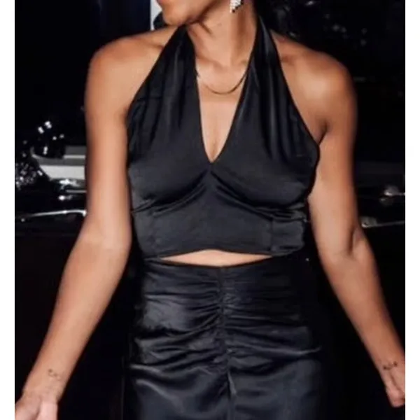 Abercrombie & Fitch Deep V Halter Crop Top Size XL Black Sexy Going Out Clubwear - Image 10