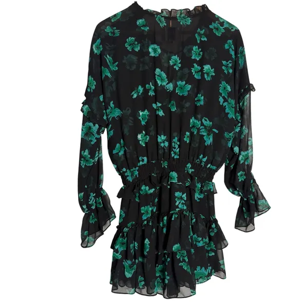 MISA Lolita Black Green Floral Print Long Sleeve V-Neck Ruffled Mini Dress Small - Image 5