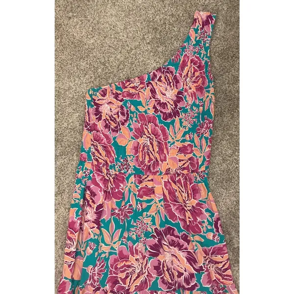 Zcsia One Shoulder Floral Midi Dress Smocked Teal Pink Boho Size Small - Image 3