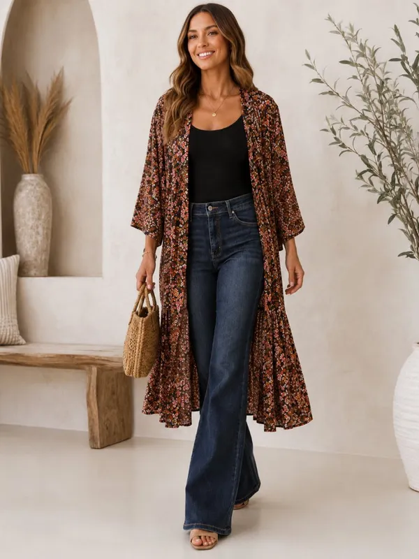 Floral Open Front Kimono NWT Boho Long Duster Swim Cover Up NWT - Image 5