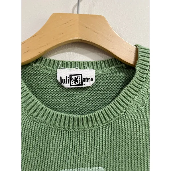 Julianne Vintage Green Art To Wear Sweater Crewneck‎ Graphic Knit Boho Sz M - Image 4