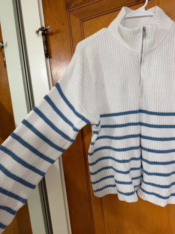 White and blue striped Edikted quarter zip sweater - Image 4