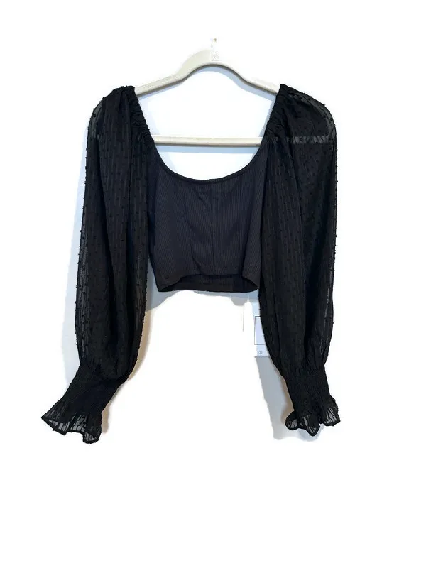 Urban Outfitters Black Square Neck Crop Top with Sheer Swiss Dot Puff Sleeves - Image 2