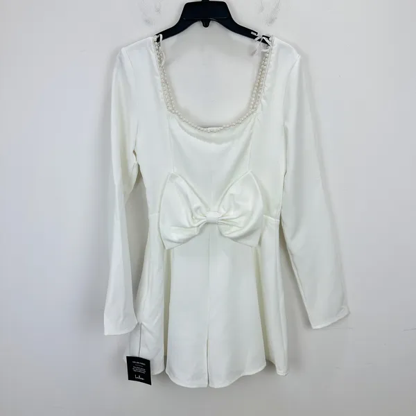 Lulus Luminous Aesthetic White Pearl Bow Long Sleeve Romper Wedding Bridal S NWT - Image 6