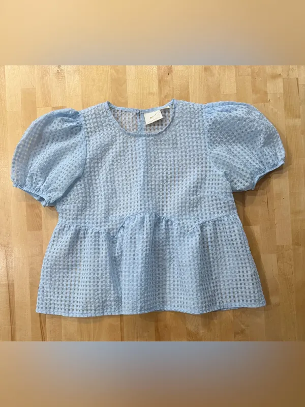 Maeve Anthropologie Babydoll Sheer Light Blue Puff-Sleeve Peplum Top - Image 4