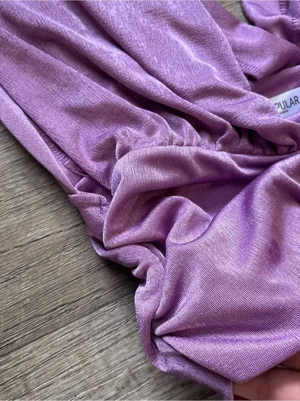 Popular 21 Purple Shimmer Plunging V-Neck Ruched Crop Top L Going Out Party Club - Image 5