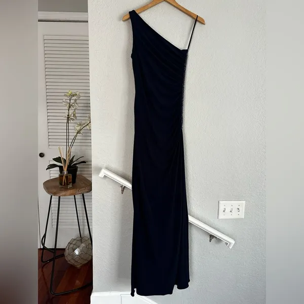 Laundry by Shelli Segal Formal Gown Navy One Shoulder Crystal Bead Ball Wedding - Image 6