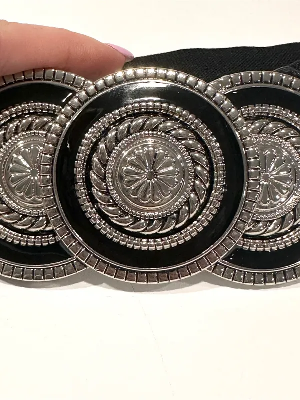 Vintage Black Elastic Belt w/ Silver Statement Buckle - Image 2