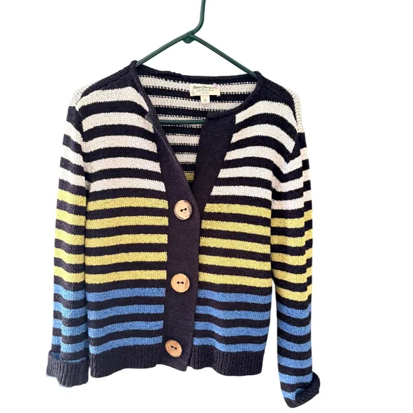 Norm Thompson Vintage Striped Button Front Cardigan Sweater‎ Blue Lagen Artsy - Image 2