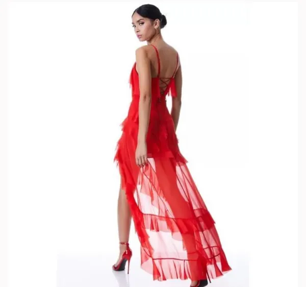 Alice + Olivia Red Laverne Asymmetrical Ruffle Maxi Dress - Image 2