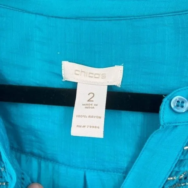 Chico’s Women's Pin Tuck Silver‎ Sequin Roll Tab Sleeves Blouse Turquoise large - Image 3