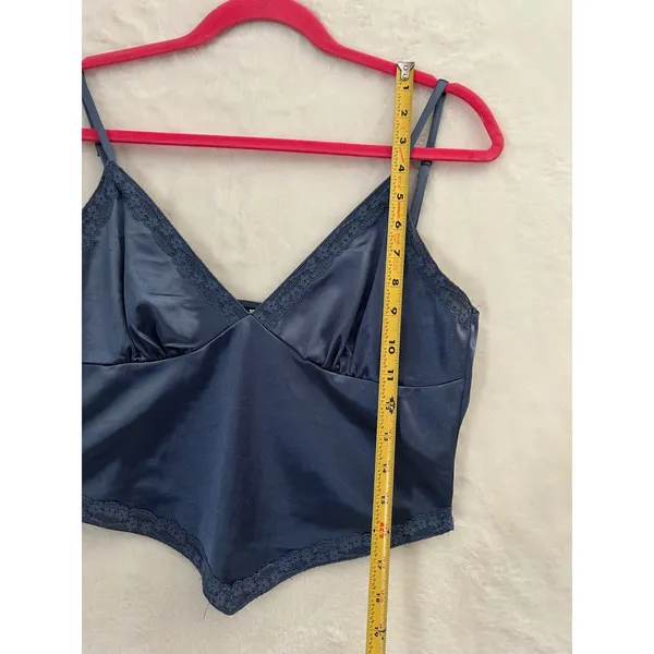 Better Be Navy Blue Satin Lace‎ Trim Handkerchief Hem Cropped Camisole Top Large - Image 6