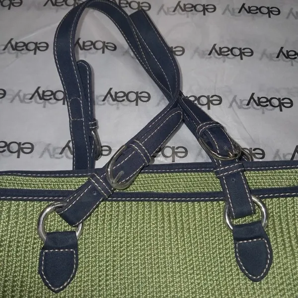 The Sak Green Woven Satchel Purse W/ Navy Blue Trim Vintage Boho Style Handbag - Image 3
