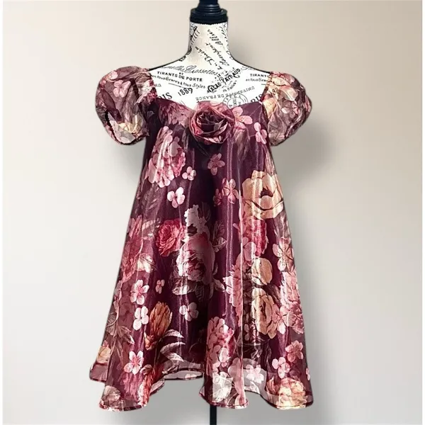 Lulus Red Floral Organza Mini Dress Puff Sleeve Rosette‎ Autumn Wedding Guest - Image 2