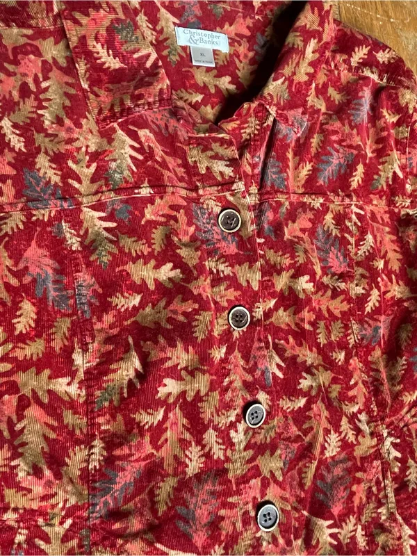 Red Leaf Print Corduroy‎ Jacket XL Autumn Cottagecore 100% Soft Cotton Button Up - Image 6