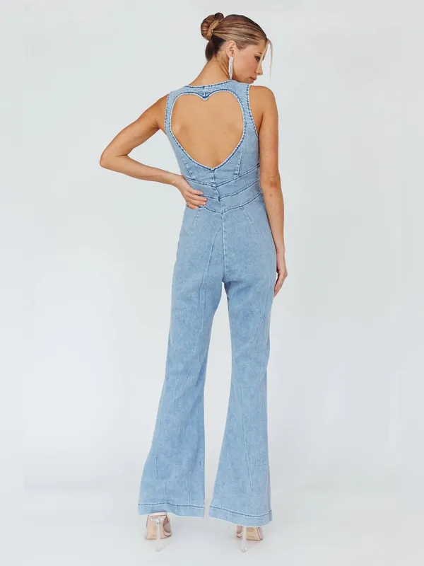 $98 NWT Selfie Leslie x ANGEL BIBA Teigan Heart Back Sleeveless Jumpsuit Denim - Image 2