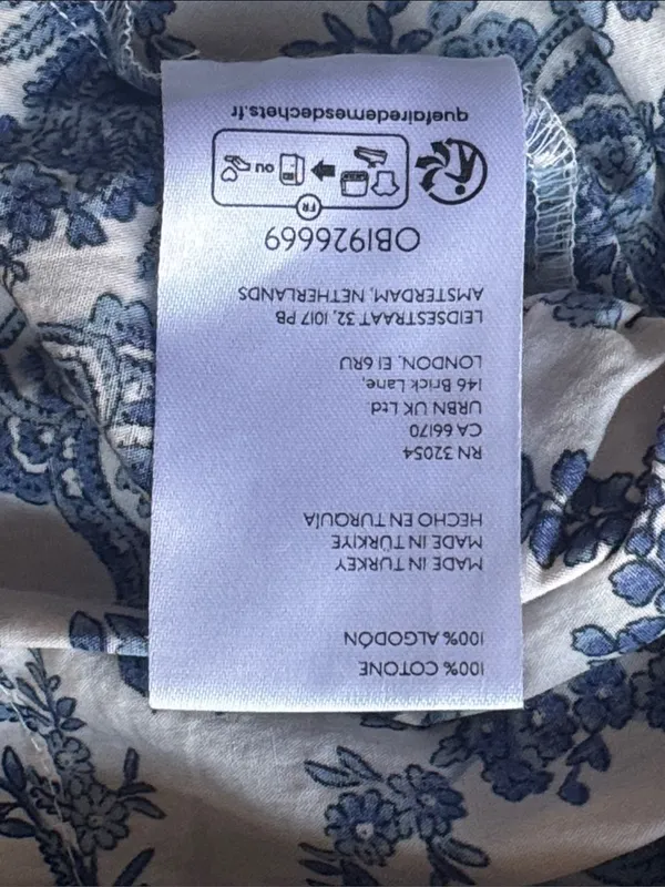 Anthropologie White Blouse with Blue Floral Print and Smocked Waist Sz: L - Image 6