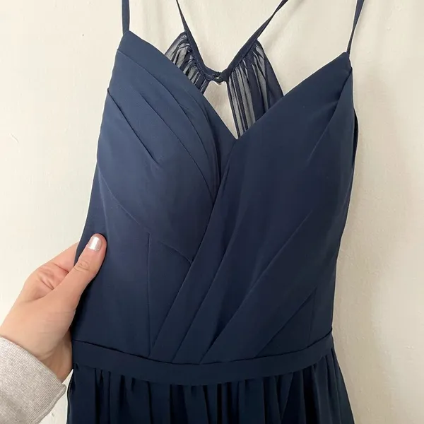 Azazie navy‎ blue long sleeved formal dress prom v-neck spaghetti straps size S - Image 2