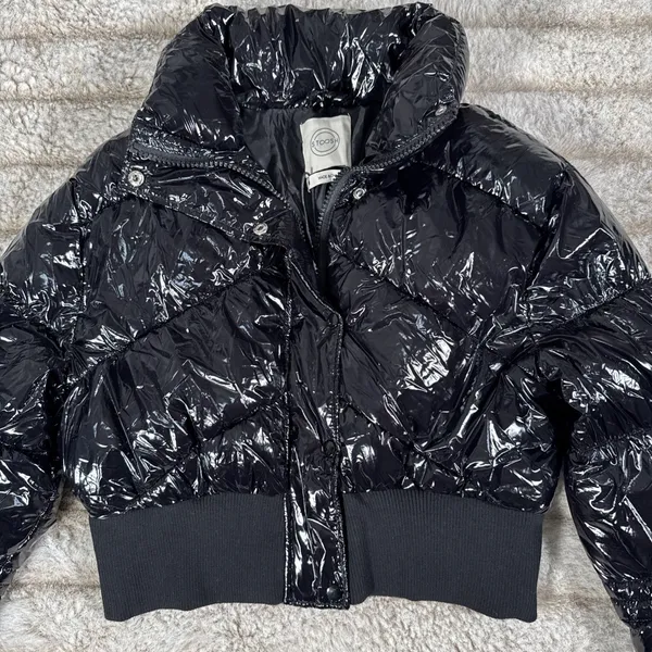 Stoosh Jacket Womens Medium Black Glossy Bubble Coat Cropped Shiny Puffer New - Image 2