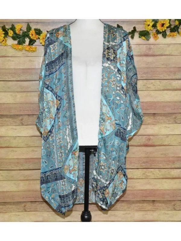 Umgee Womens S/M Blue Paisley Metallic Kimono Duster Boho Open Front Cardigan - Image 2