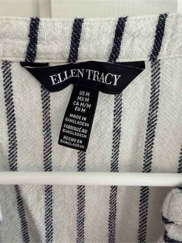 Ellen Tracy Linen Blend Striped Tie Front Bell Sleeve‎ Top Medium - Image 2
