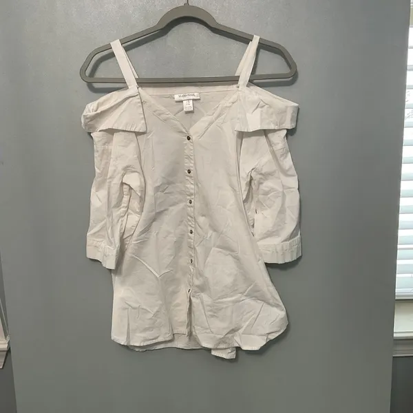 Motherhood Maternity White Cold Shoulder Button Front Shirt Dress M - Image 2