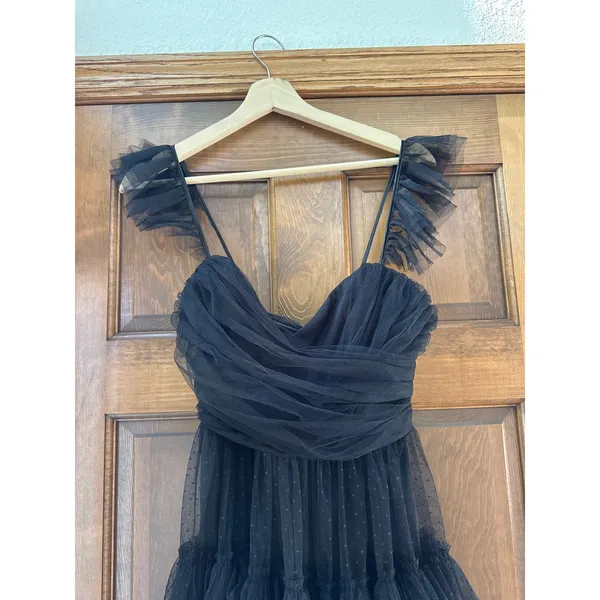 LULU'S Pure Radiance Black Mesh Swiss Dot Tiered Maxi Dress Size XS - Image 4