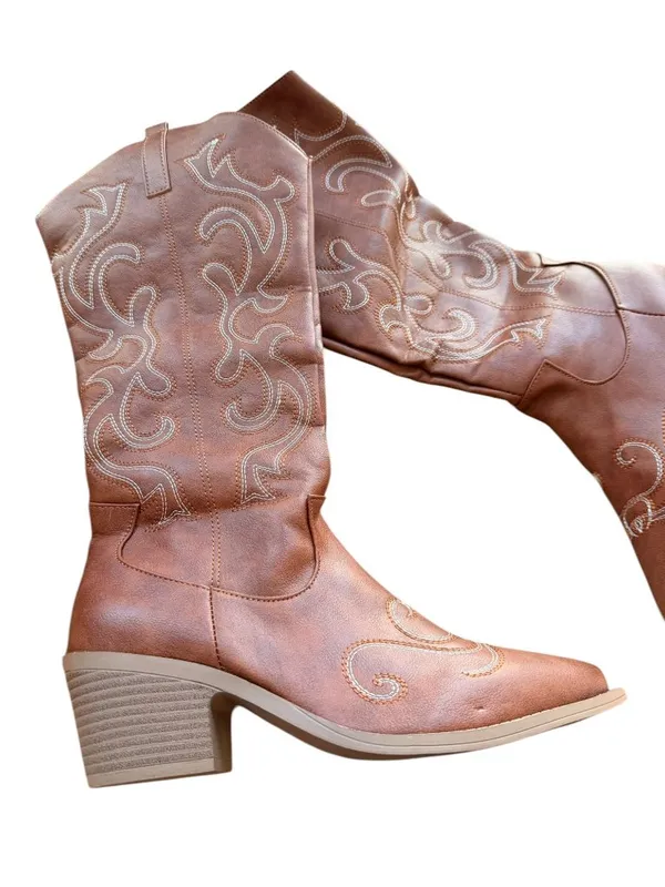 Western-Style Brown faux leather Cowboy Boots With Embroidered Design Side Zippe - Image 3