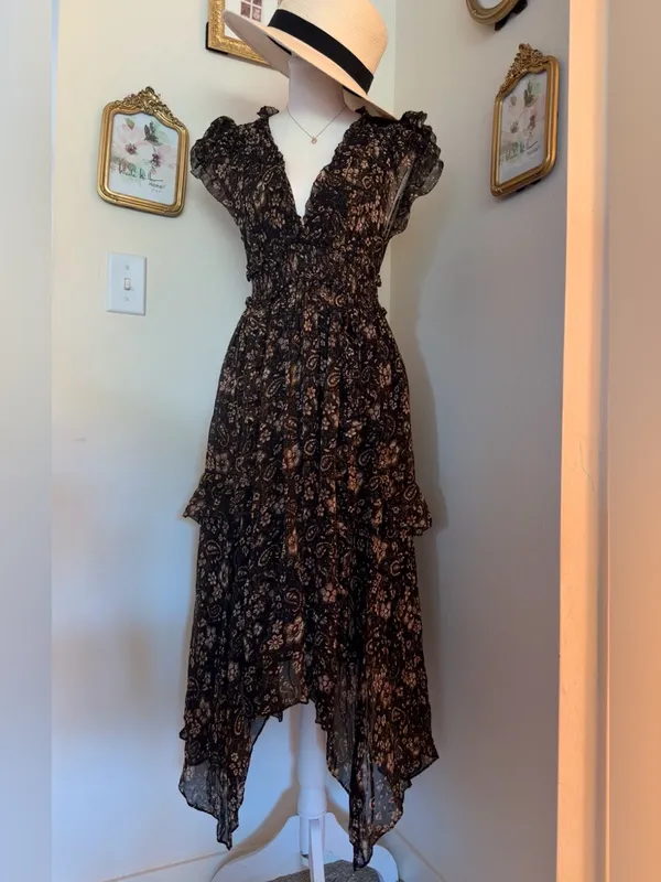 Ulla Johnson Black Floral Asymmetrical Midi Dress 100% Silk - Image 2