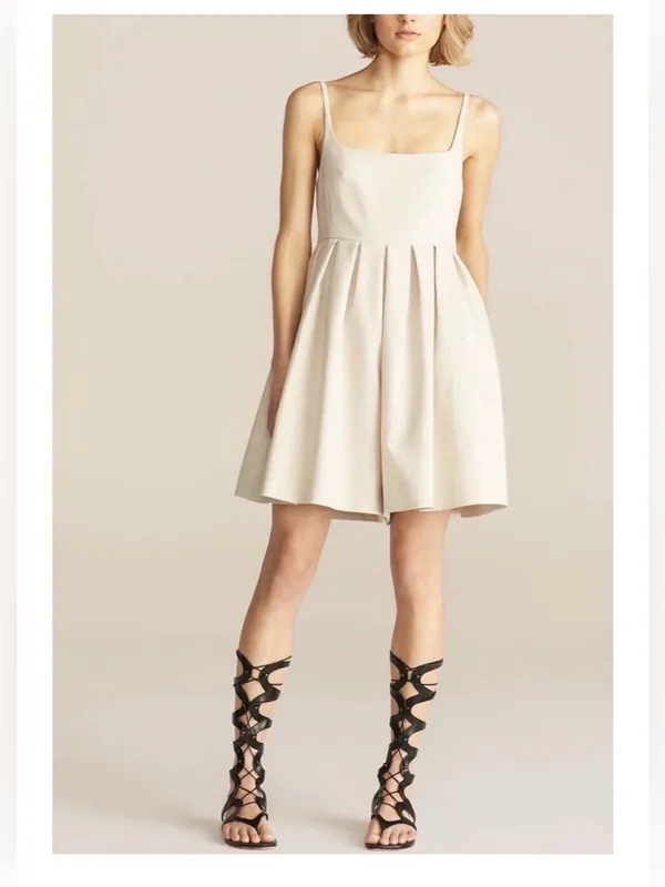 Rebecca Taylor Linen Square-Neck Pleated Romper Size 8 Color Rye - Image 13