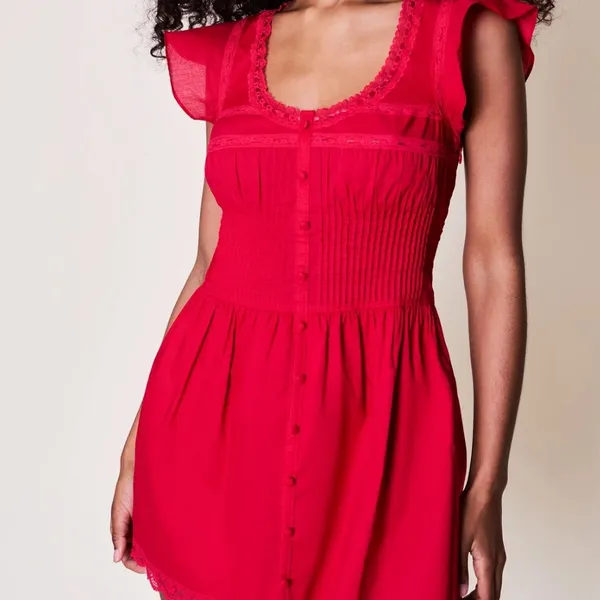 NWT Danielle Guizio Lille Pintuck Cotton Lace Trim Mini Dress Red Love XS - Image 3