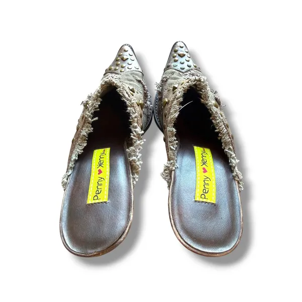 Penny Loves Kenny Mules Womens 7 Brown Studded Frayed Canvas Western Heels - Image 8
