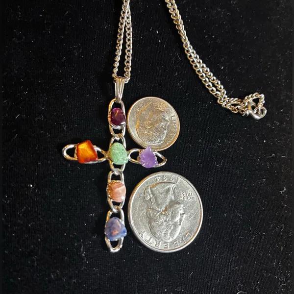 Multicolor Raw Gemstone Cross Necklace Silver tone - Image 6