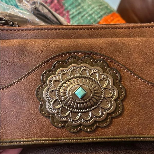 New Tony Lama Western Brown Crossbody Bag with Embellished Concho Design - Image 4