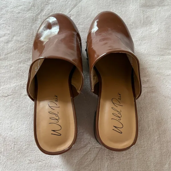 Wild Pair 3 Chunky Cappuccino Brown wooden platform clogs with gold stud details & a boho vibe - Image 4