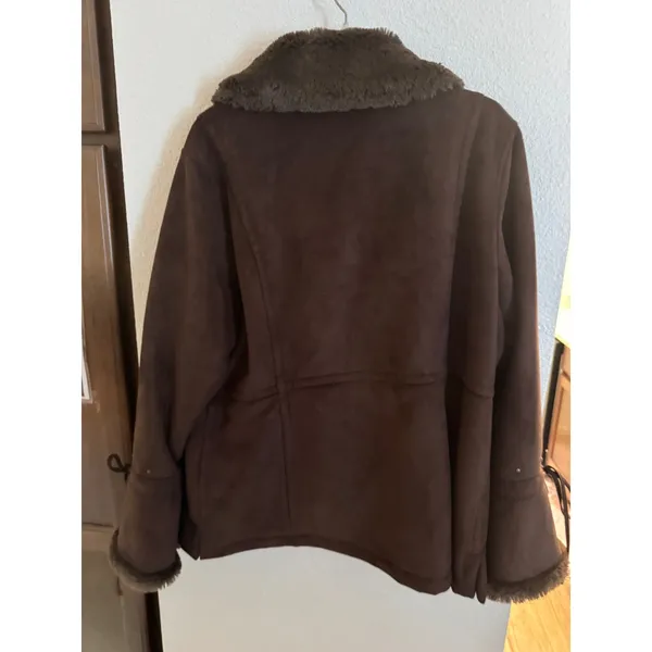 Platinum by Utex Brown Faux Suede Jacket Faux Fur Trim Lace Up Sleeves XL - Image 8