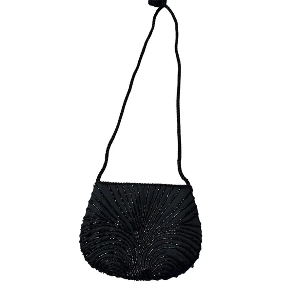 Vintage Black Beaded Shoulder Crossbody Fashion Bag 7.5" L x 6" H - Image 4