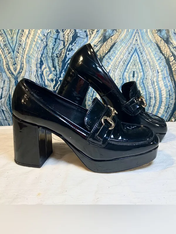 H&M Black Patent Loafers Chunky Block Heel Whimsy Goth Dark Academia 90s Y2K 8 - Image 2