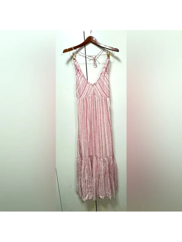 Free People Audrey Halter Maxi Dress Pink Striped Tie Back S - Image 6