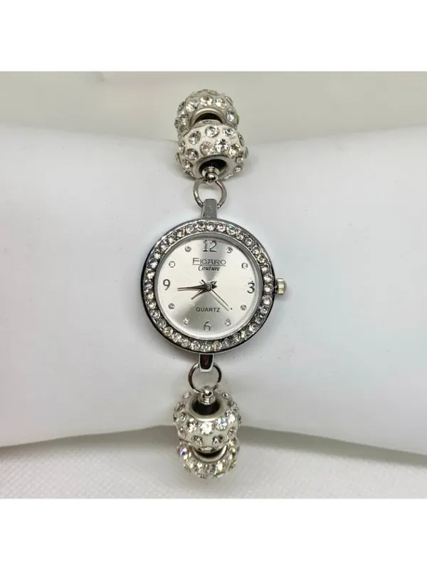 Figaro couture silver tone watch rhinestones 25mm quartz metal beaded running - Image 8