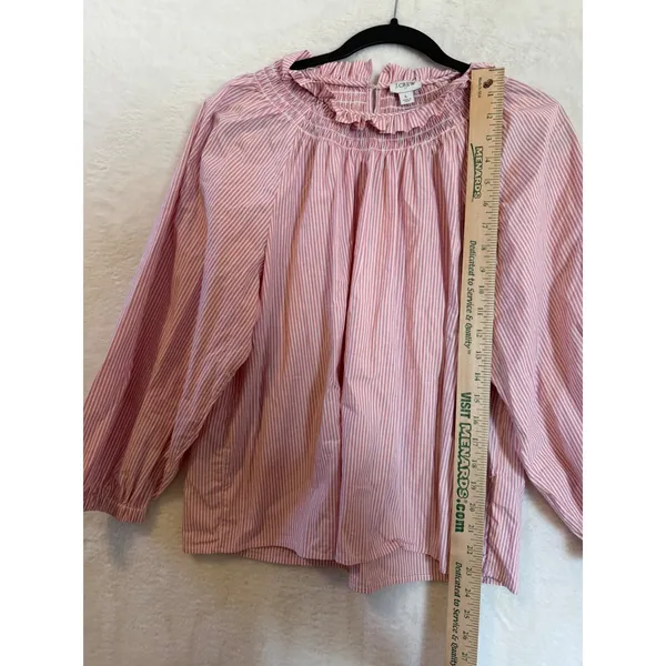 J.Crew Pink White Striped Smocked Ruffle Neck Blouse Women Large Balloon Sleeve - Image 3