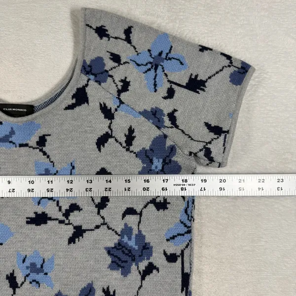 Club Monaco Women Floral Jacquard Wool Knit Tee Grey Blue Short Sleeve Large L - Image 4