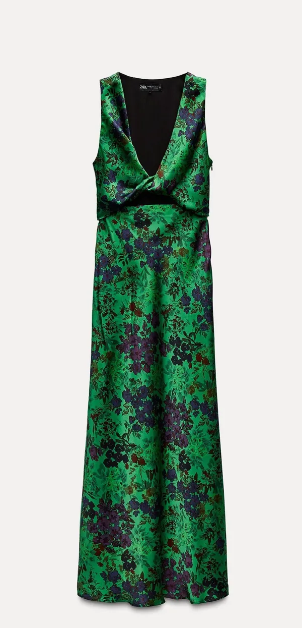 Zara maxi floral satin dress wedding evening party Floral Green Cutout Dress - Image 12
