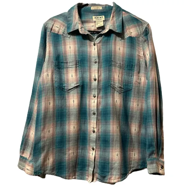 Ariat REAL Women’s Relaxed Plaid Western Shirt L 100% Cotton Teal Pink Button - Image 3