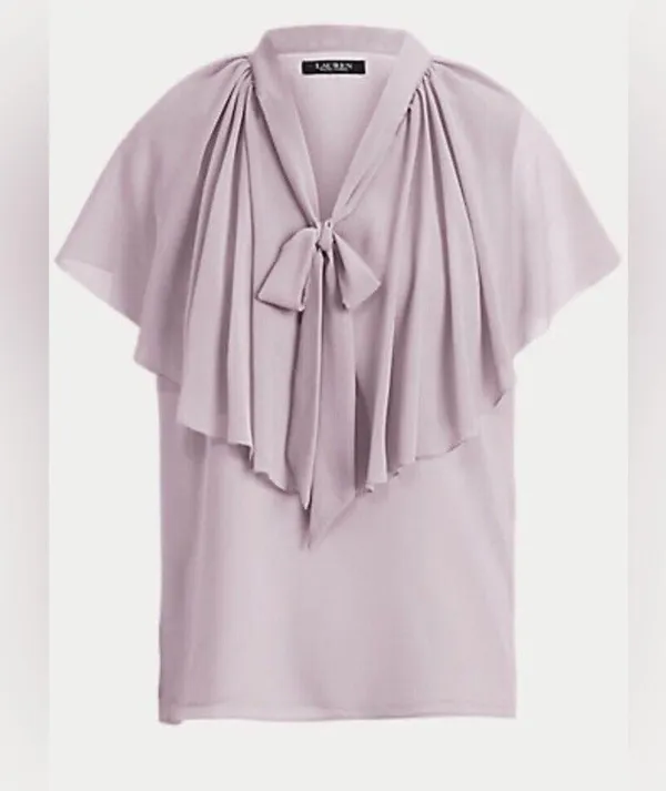 Ralph Lauren Tie-Neck Crinkle Georgette Cape Blouse in Light Purple, Size XL NWT - Image 2