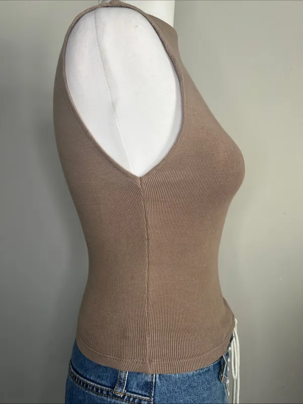 Zara Sleeveless Ribbed Cotton Blend Knit Mock Neck Tank Top - Taupe Brown - Image 3