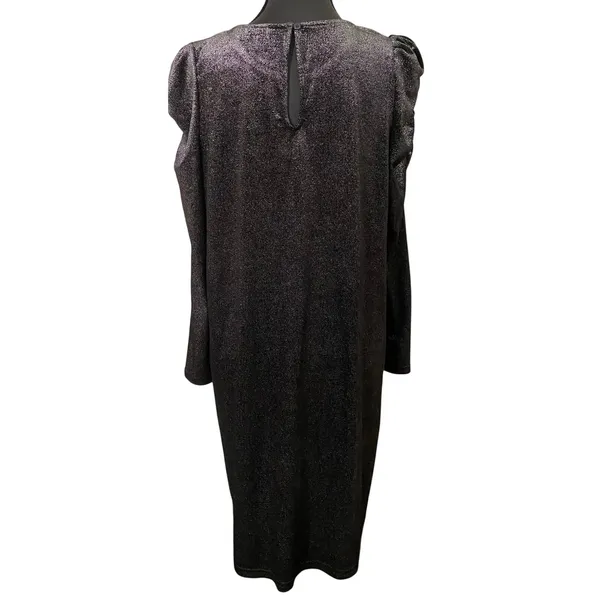 LOFT Metallic Shimmer Black Silver Puff Sleeve Shift Dress Size M Party Cocktail - Image 2